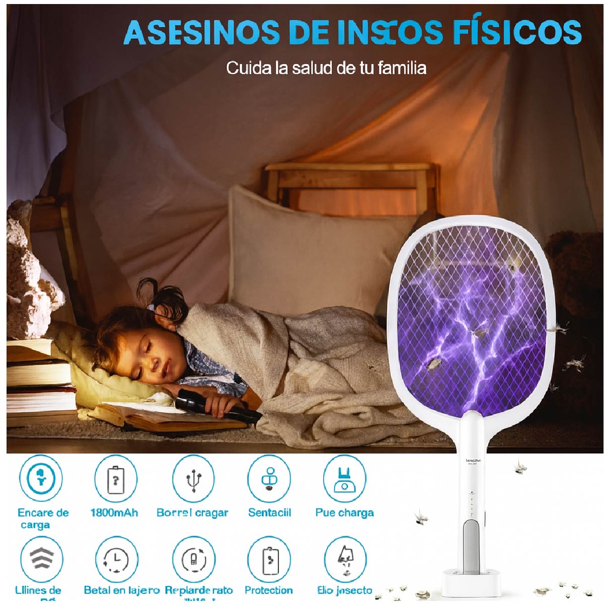 Raqueta Eléctrica Anti Mosquitos 2 En 1 Con Luz Led Y Base