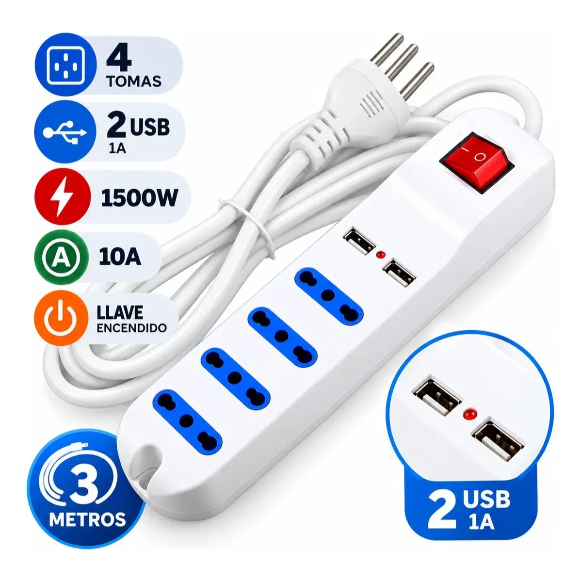 Alargue zapatilla 4 tomas 3m con llave y USB - detalle