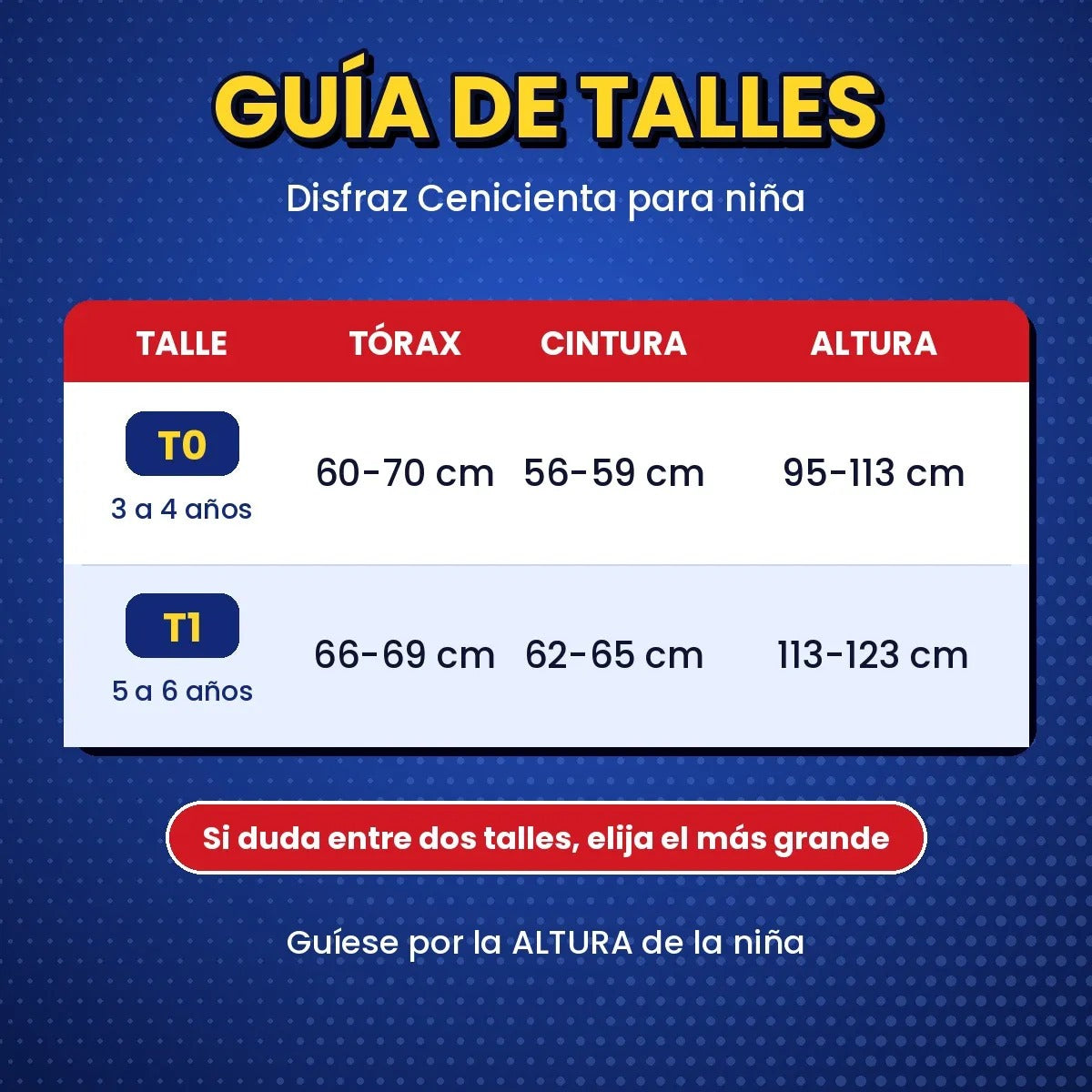 Guía de talles disfraz Cenicienta