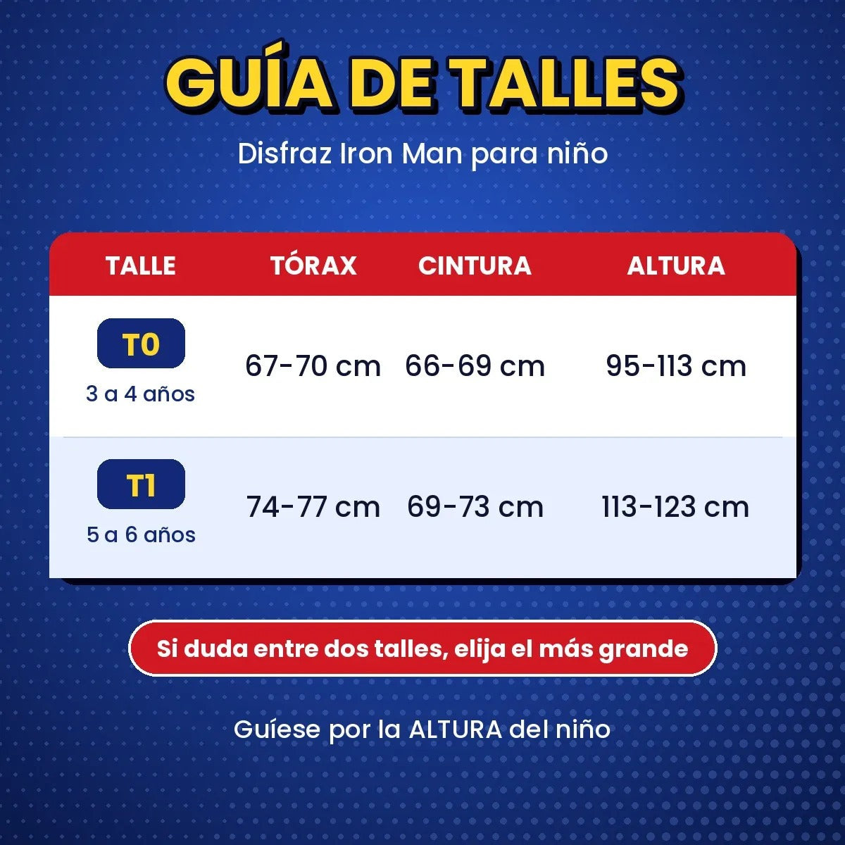 Guía de talles disfraz Iron Man