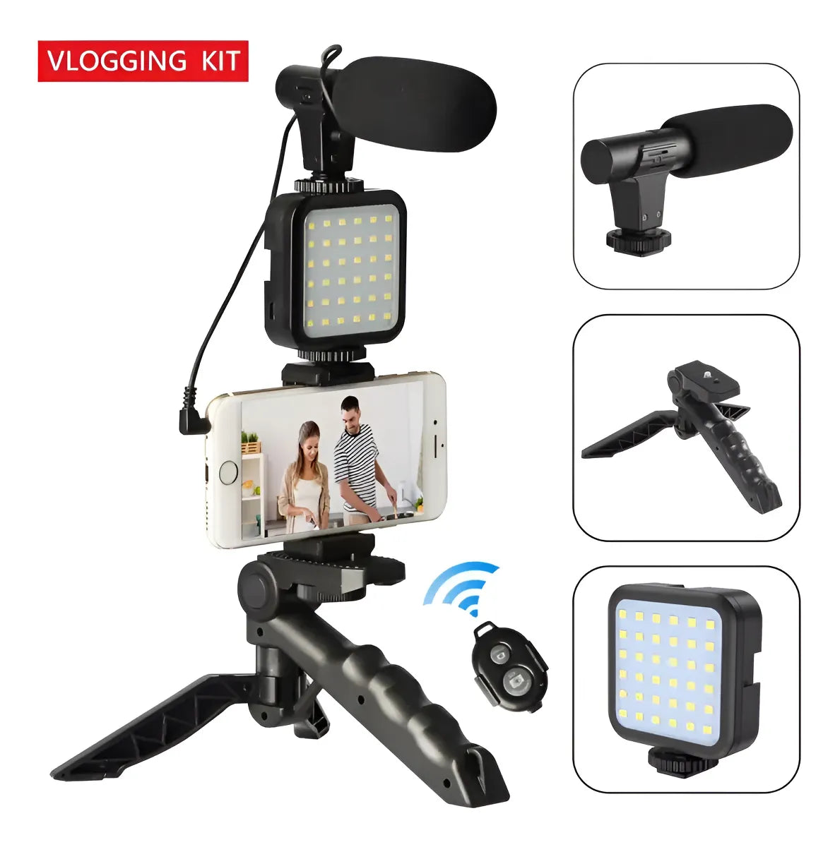 Kit Para Videos Streaming Trípode Luz Led Micrófono Soporte Color Negro