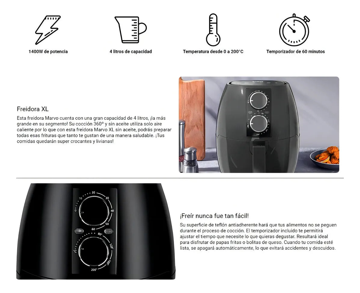 Freidora Sin Aceite Marvo Xl Capacidad 4 Litros 1400w Color Negro