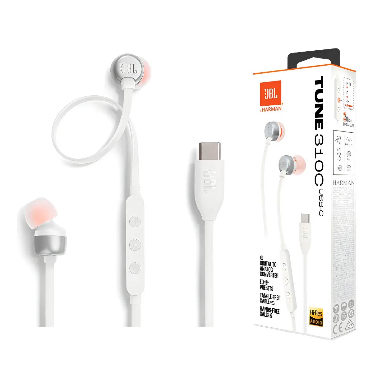 Auriculares USB C con cable Jbl Tune 310c, micrófono integrado, color blanco
