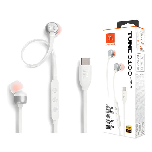 Auriculares USB C con cable Jbl Tune 310c, micrófono integrado, color blanco