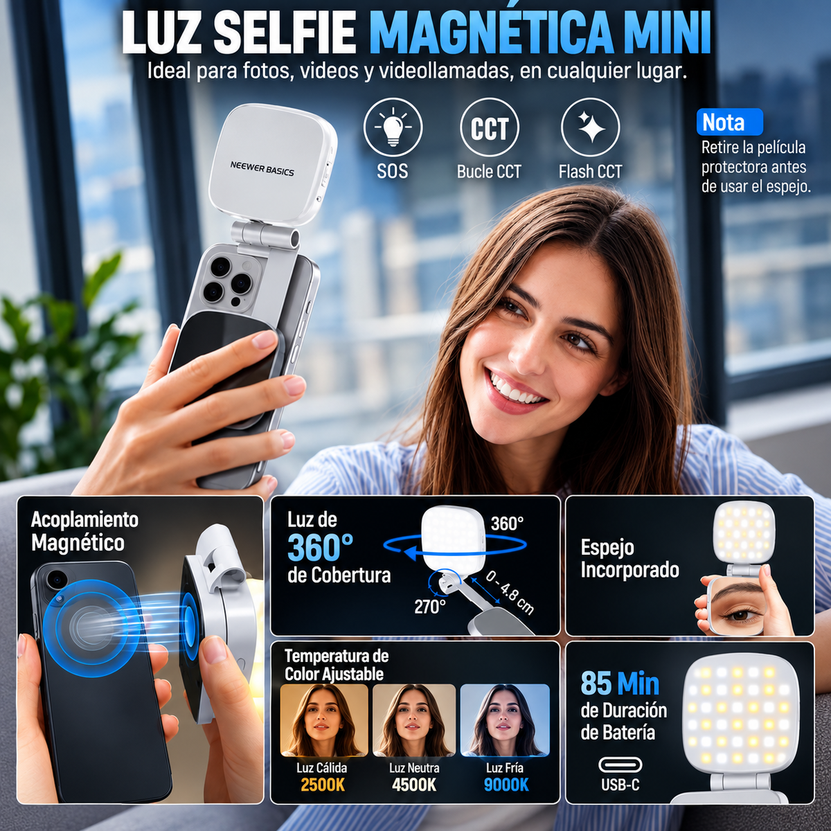 Luz Led Espejo Selfie Magnetico Celular Soporte Recargable