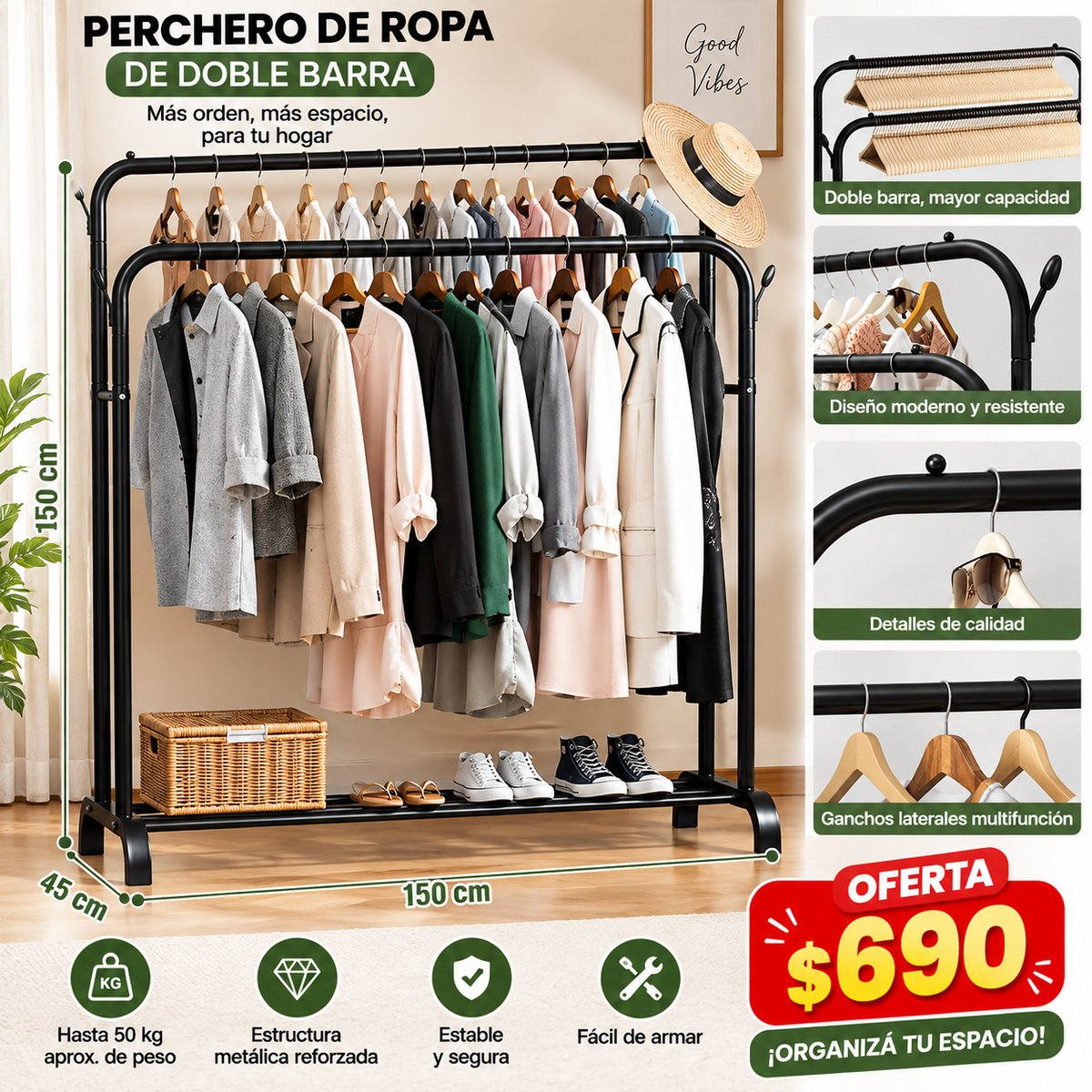 Perchero Organizador Ropa Calzado Doble Armado Facil Premium