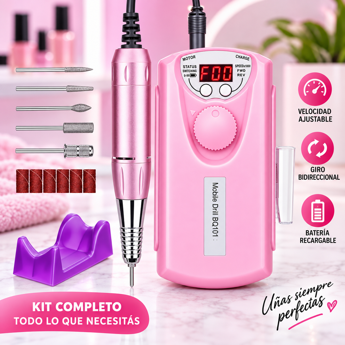 Torno Pulidor Inalámbrico Premium De Uñas 30000 Rpm, Rosa