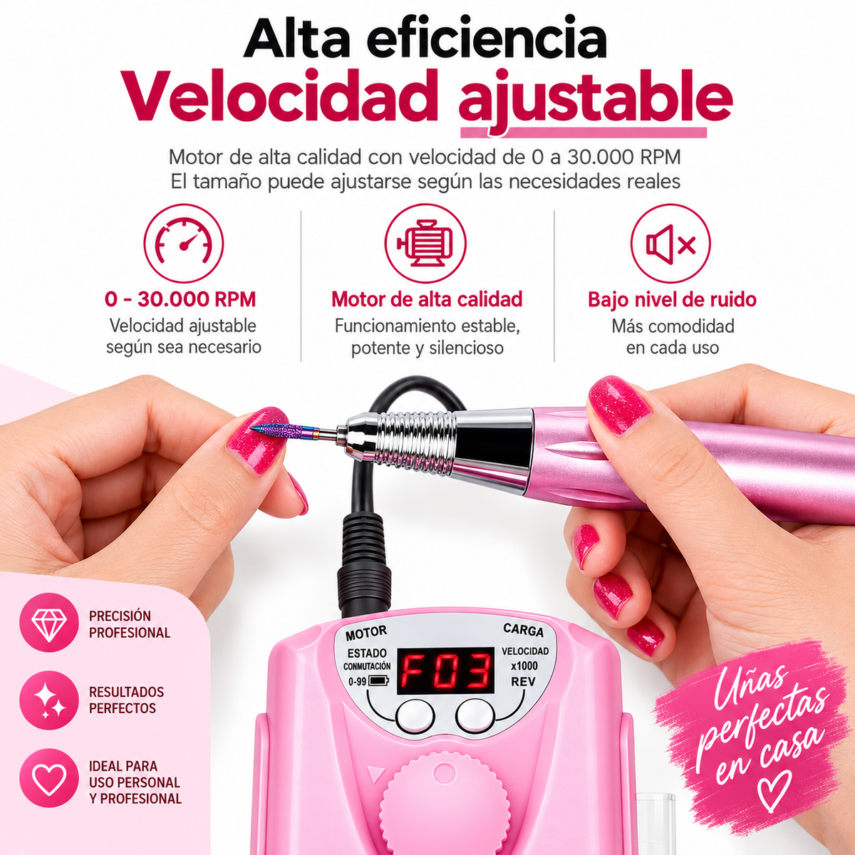 Torno Pulidor Inalámbrico Premium De Uñas 30000 Rpm, Rosa