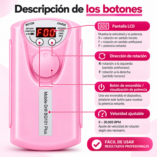 Torno Pulidor Inalámbrico Premium De Uñas 30000 Rpm, Rosa
