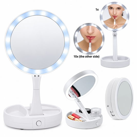 Espejo Plegable Para Maquillaje Doble Cara Con Luz Led - Blanco