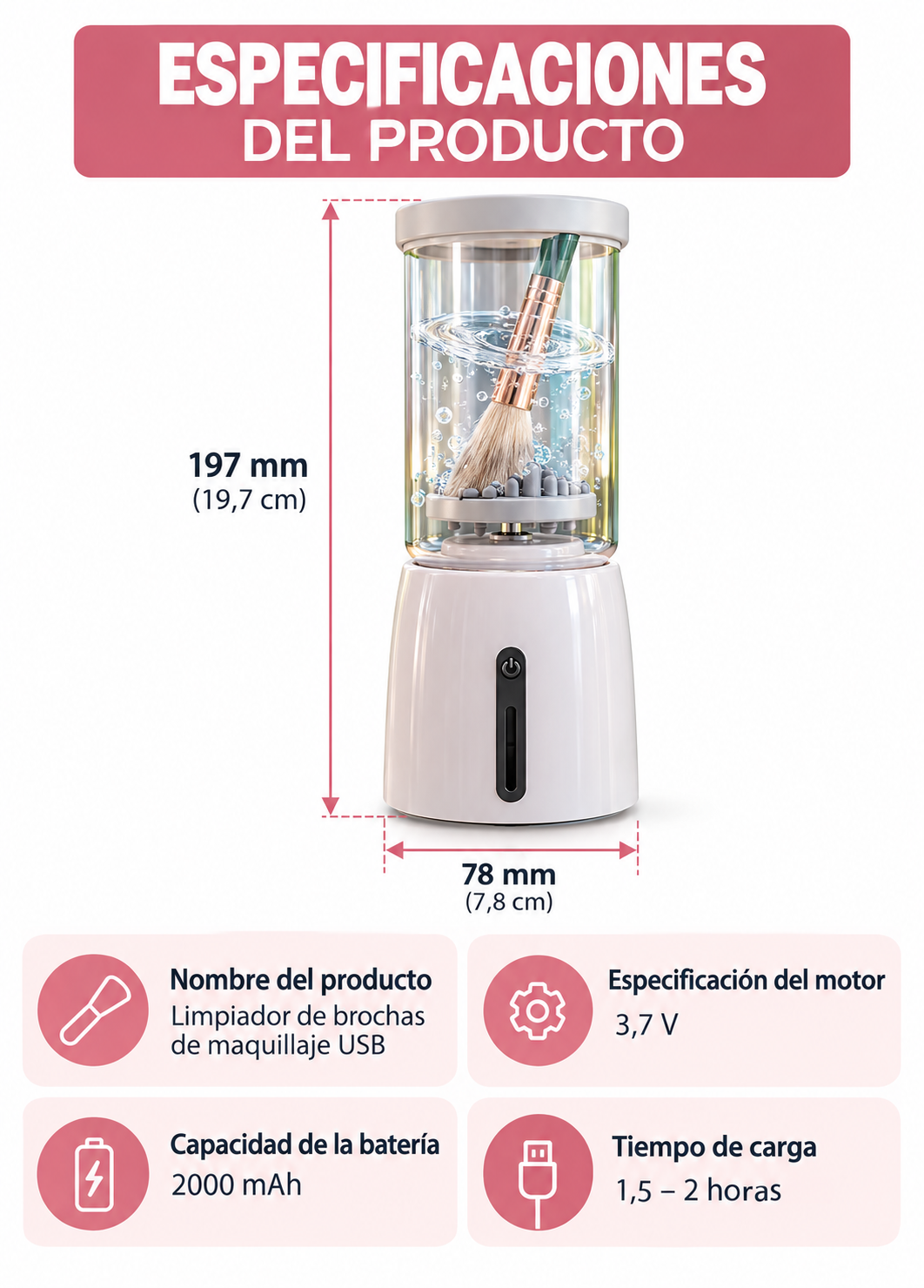 Máquina Limpiadora De Brochas De Maquillaje - Carga Usb - Blanco - foto 4