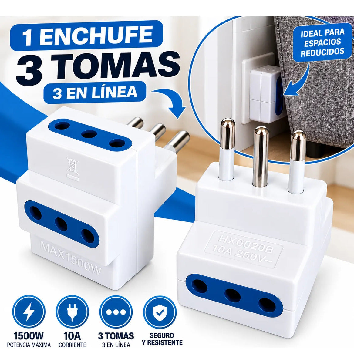 Adaptador 1 enchufe 3 tomas 3 en línea 10A 1500W
