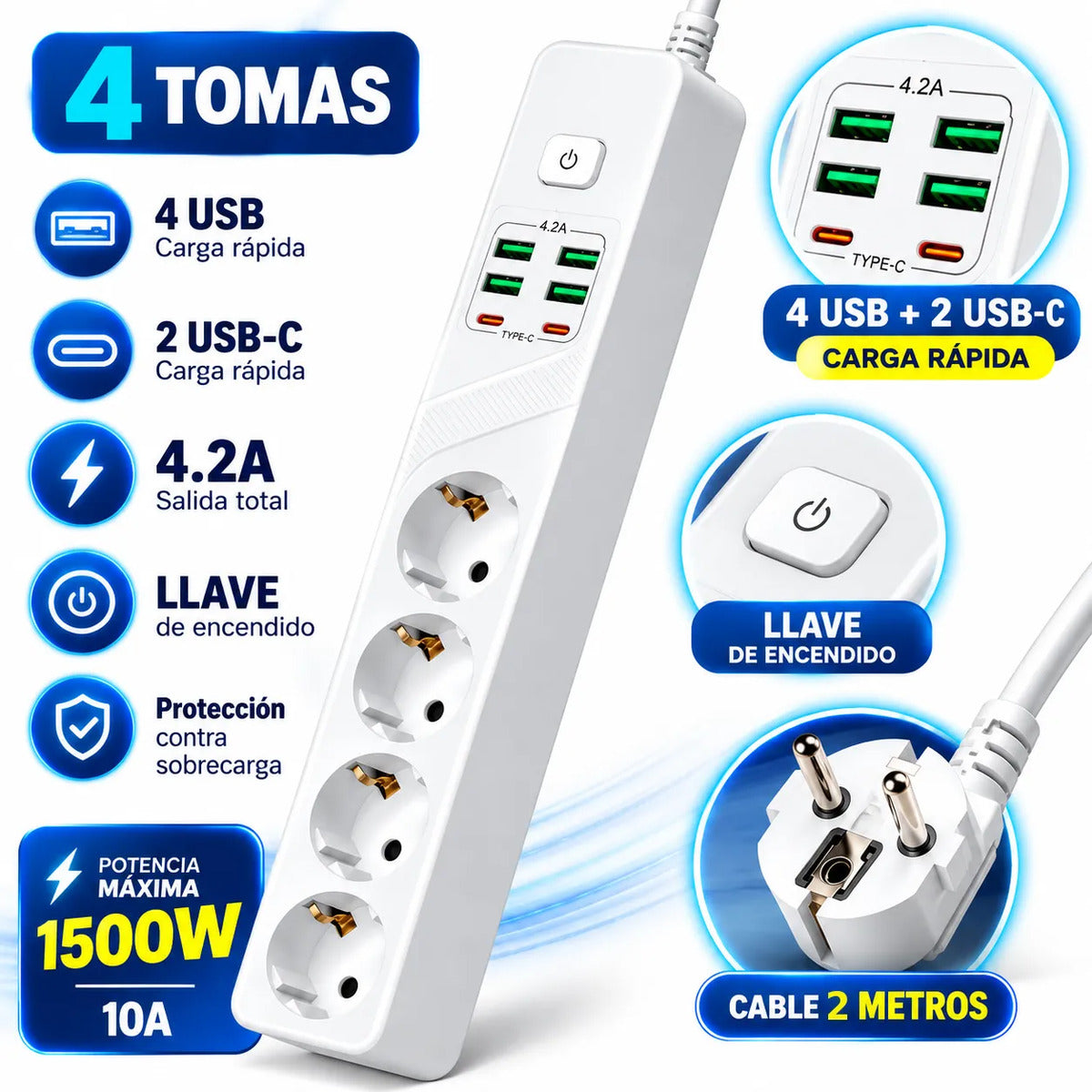 Zapatilla alargue 4 tomas con cable de 2 metros