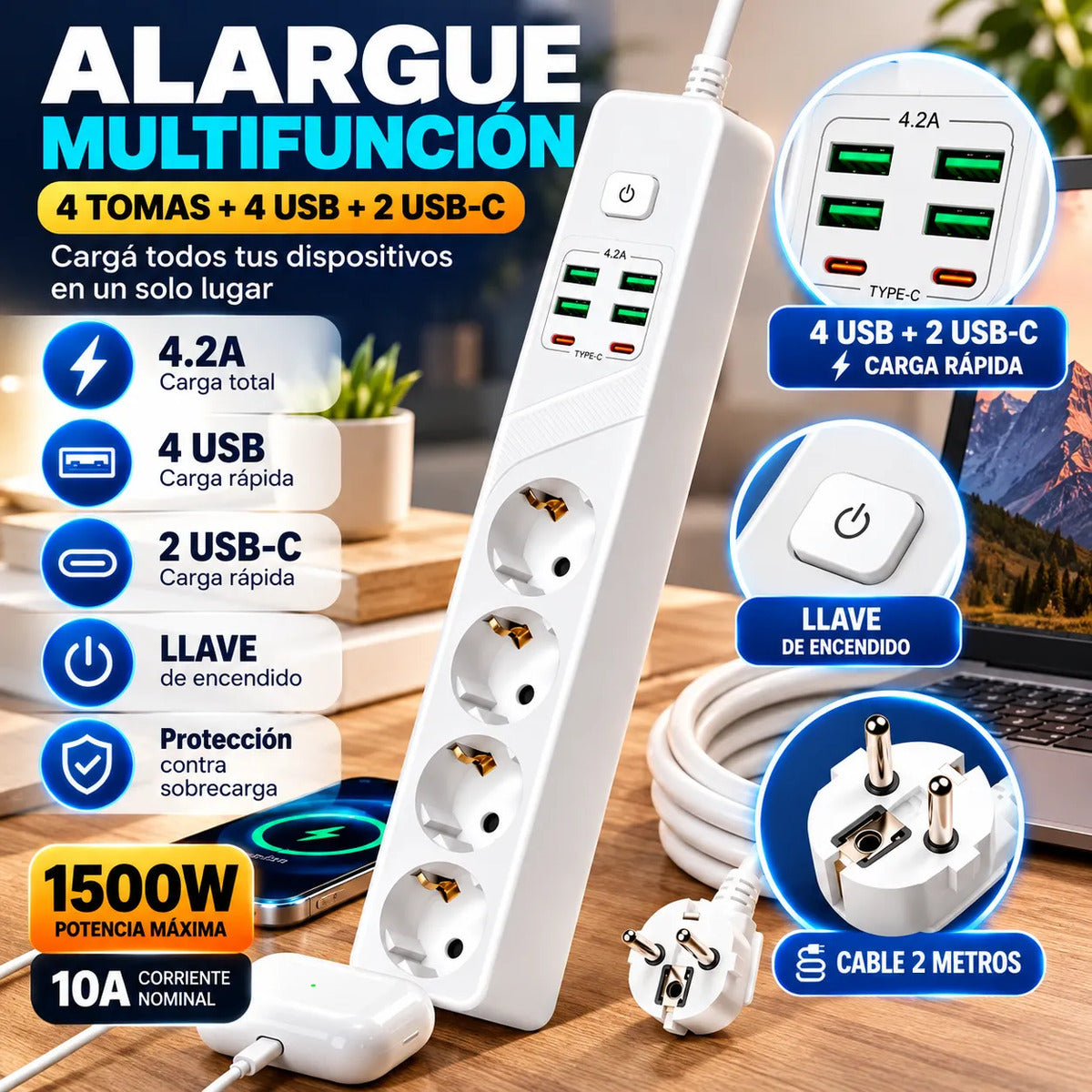 Alargue multifunción 4 tomas + 4 USB + 2 USB-C