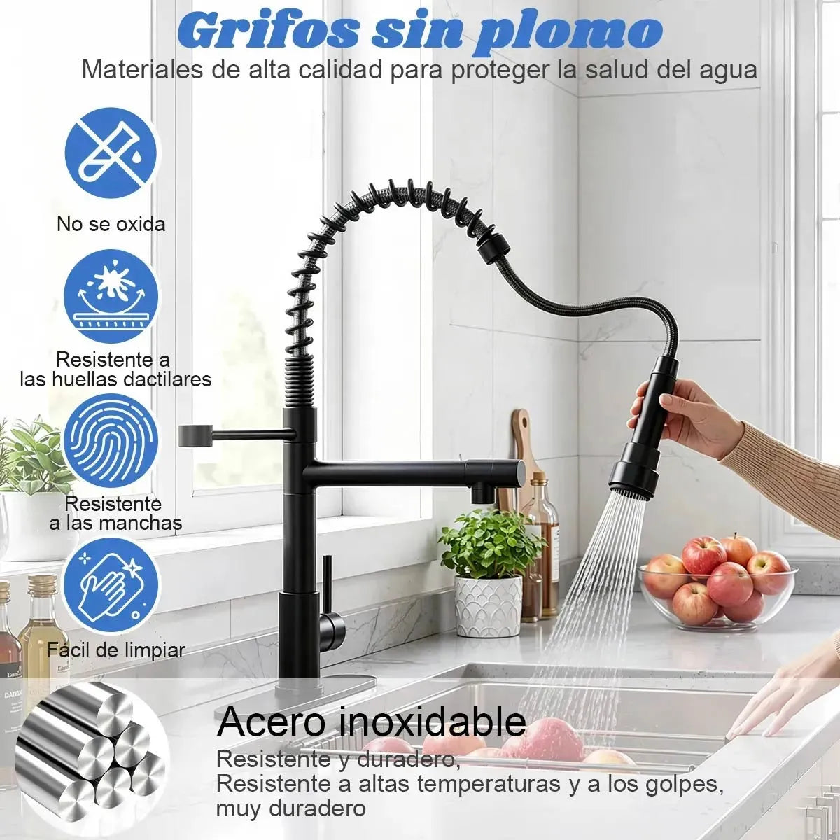 Grifo monocomando de cocina negro mate con cabezal extraíble