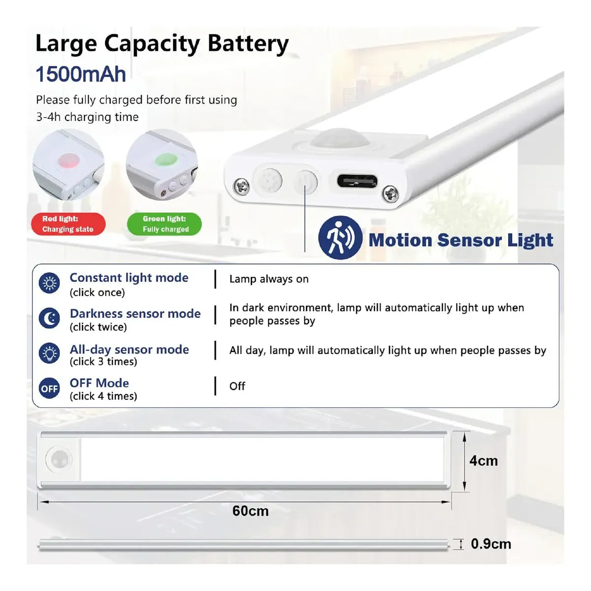Barra de luz LED 60cm recargable con sensor de movimiento