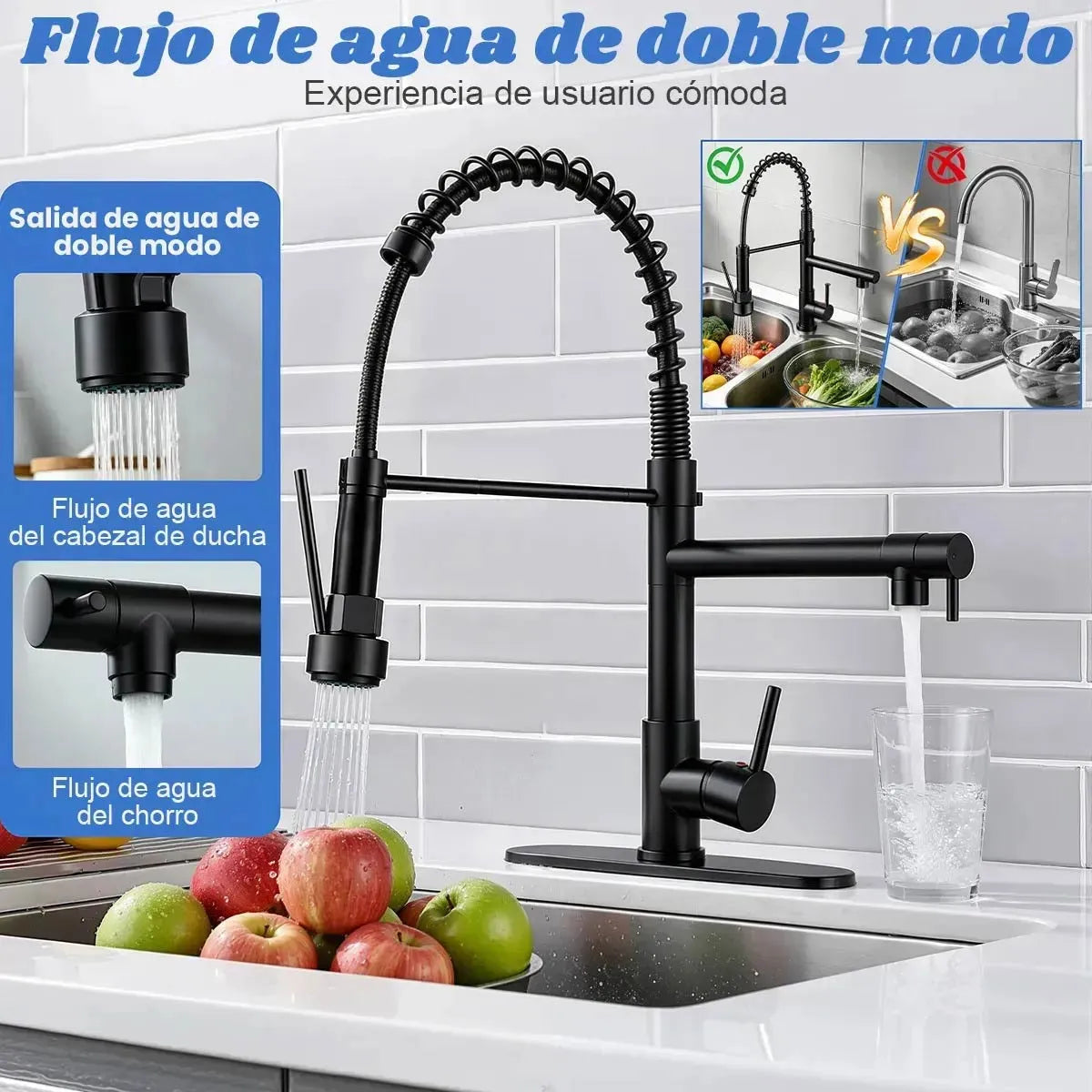 Grifo monocomando de cocina negro mate con cabezal extraíble