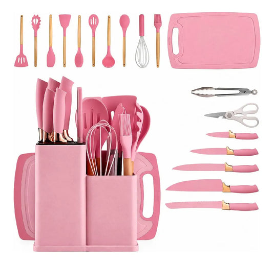 Juego 19 utensilios de cocina silicona rosa