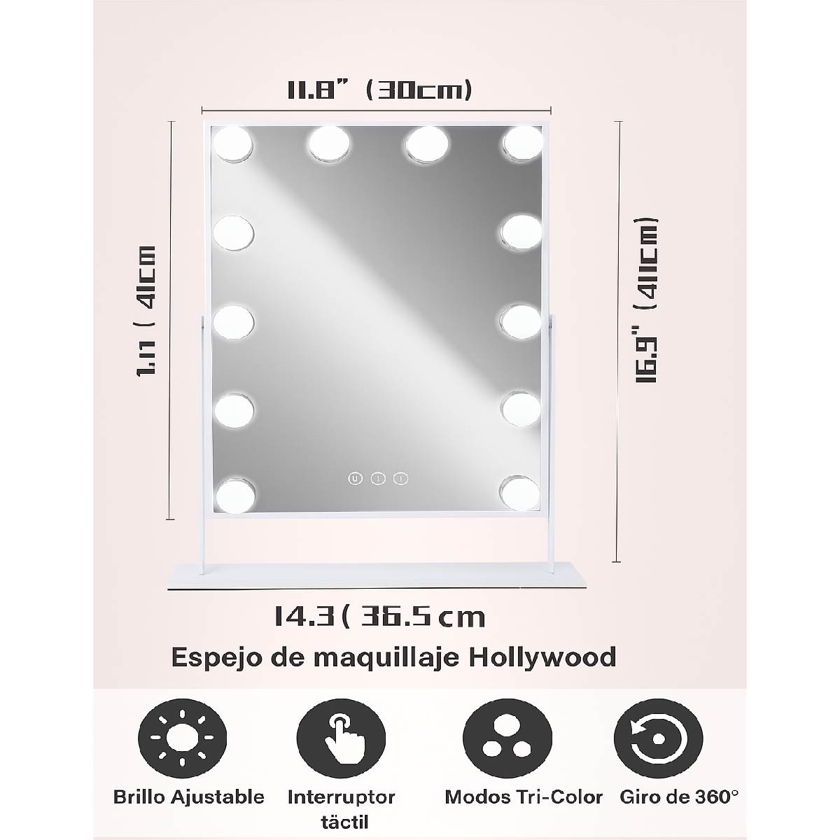 Espejo de Maquillaje Hollywood con Luz LED y Batería Recargable
