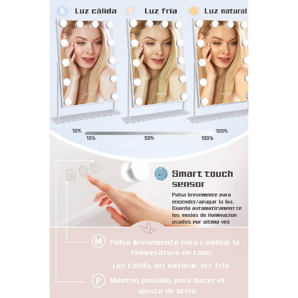 Espejo de Maquillaje Hollywood con Luz LED y Batería Recargable