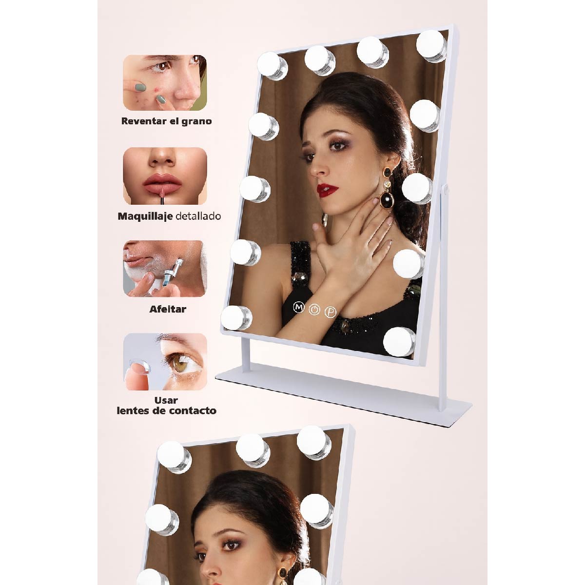 Espejo de Maquillaje Hollywood con Luz LED y Batería Recargable