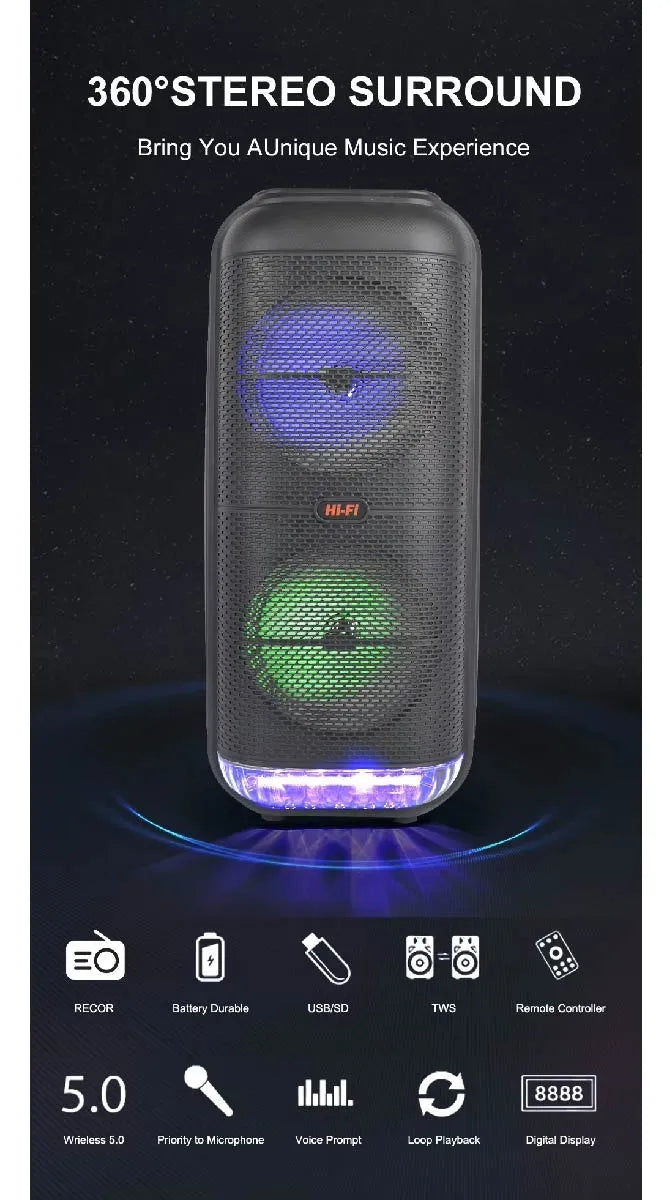 Parlante Grande Doble Luces Rgb Bluetooth Usb Sd Fm - Ins