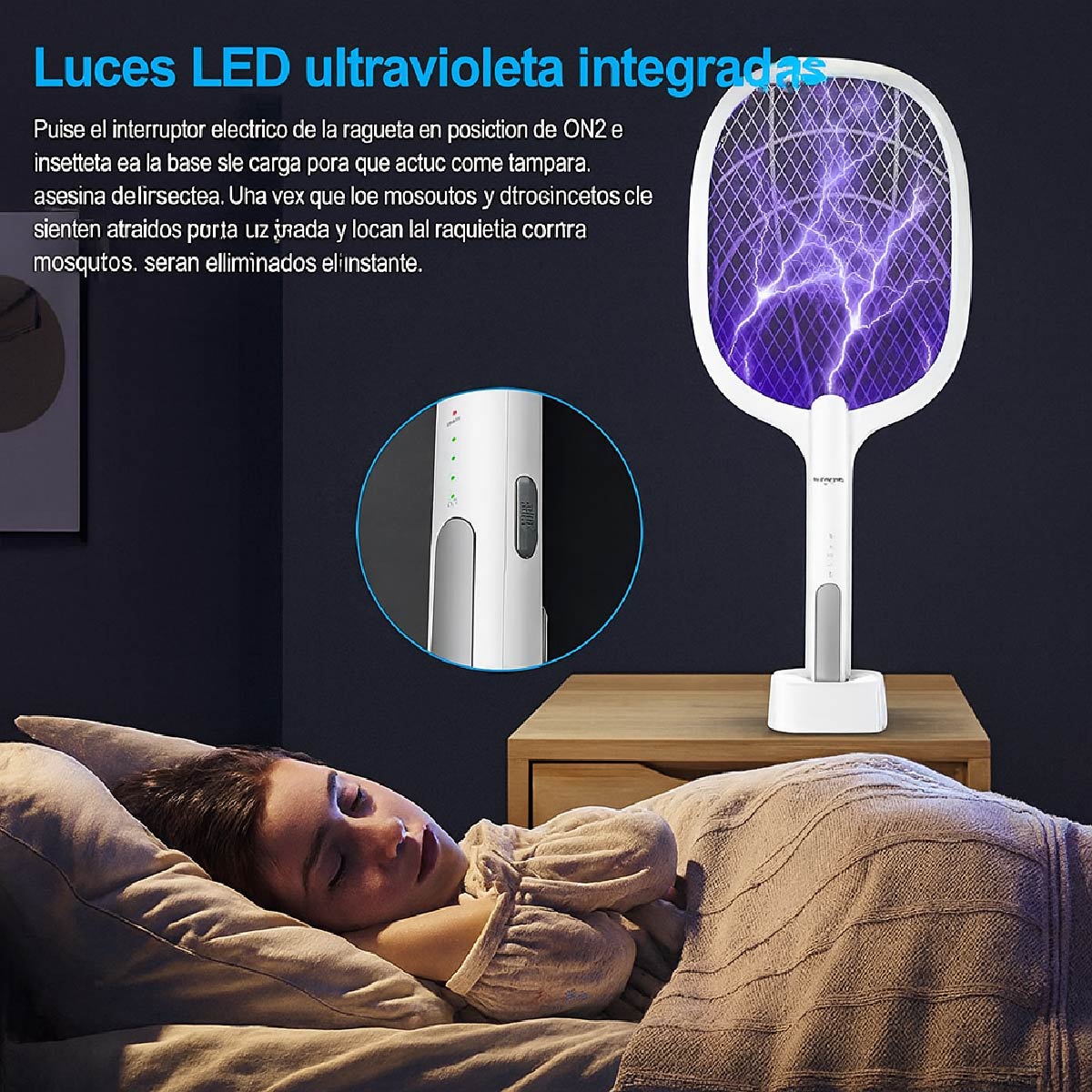 Raqueta Eléctrica Anti Mosquitos 2 En 1 Con Luz Led Y Base