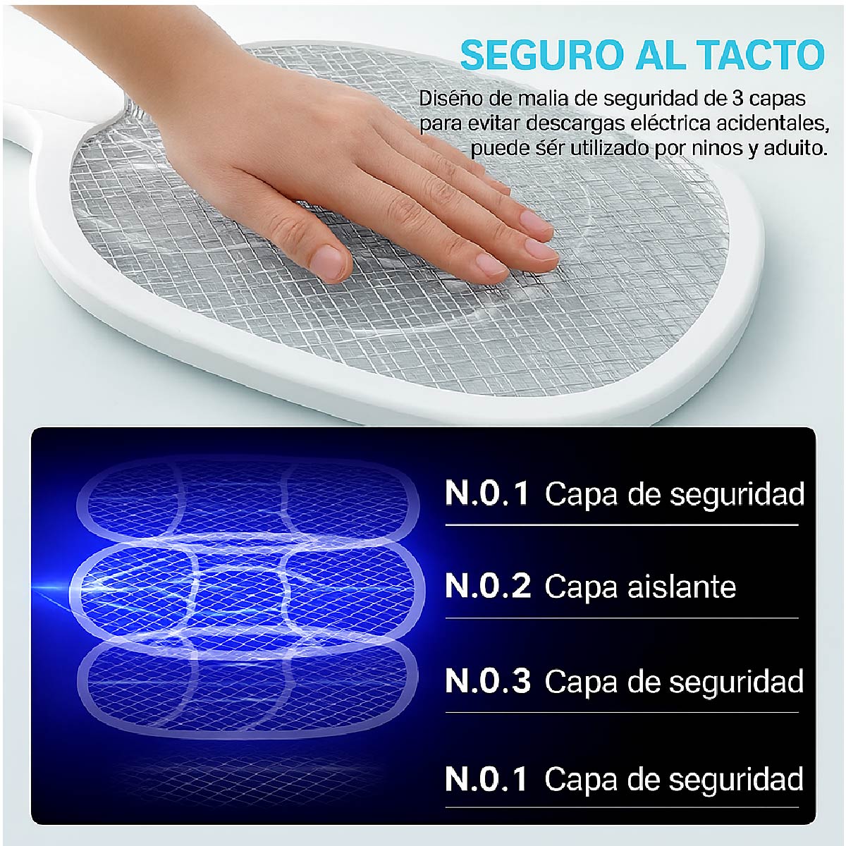 Raqueta Eléctrica Anti Mosquitos 2 En 1 Con Luz Led Y Base