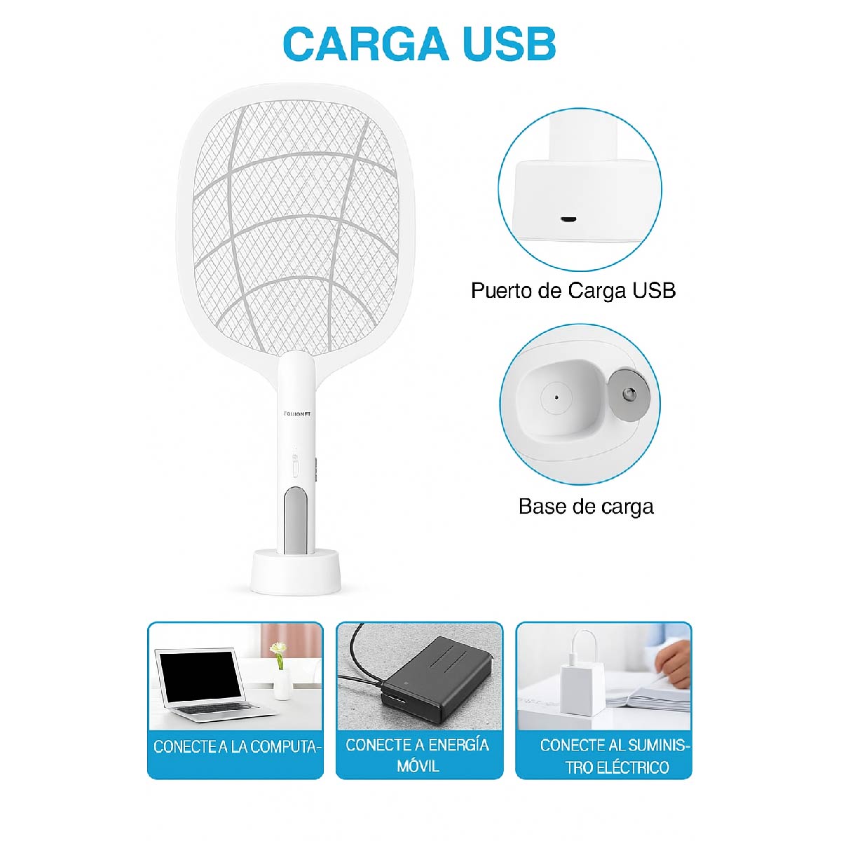 Raqueta Eléctrica Anti Mosquitos 2 En 1 Con Luz Led Y Base