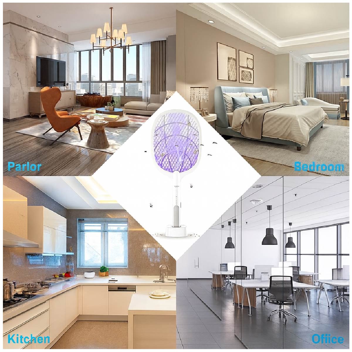 Raqueta Eléctrica Anti Mosquitos 2 En 1 Con Luz Led Y Base