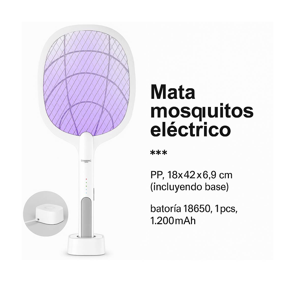 Raqueta Eléctrica Anti Mosquitos 2 En 1 Con Luz Led Y Base
