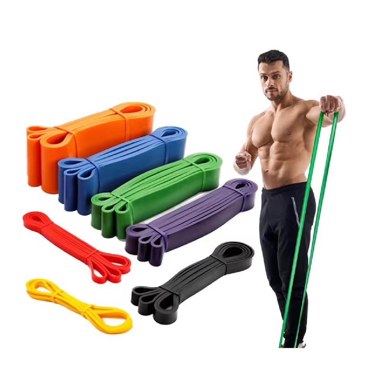 Set 5 Bandas Elásticas Resistencia Fitnics + 2 Manijas + Bolso