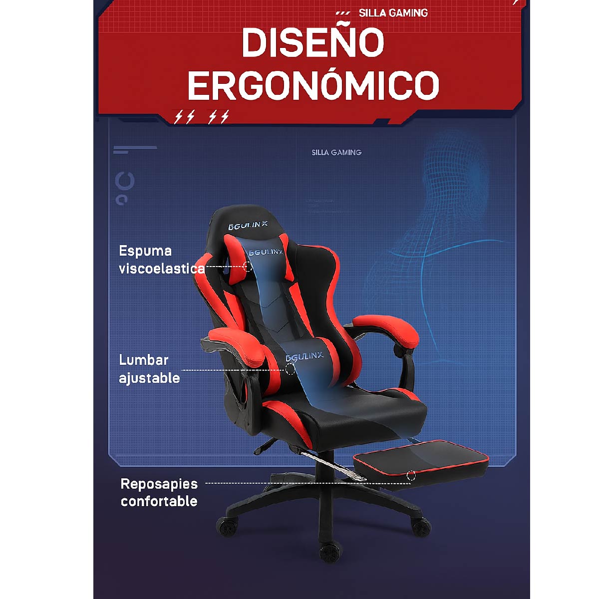 Silla Gamer Reclinable Reforzada Apoyapies Comoda Premium