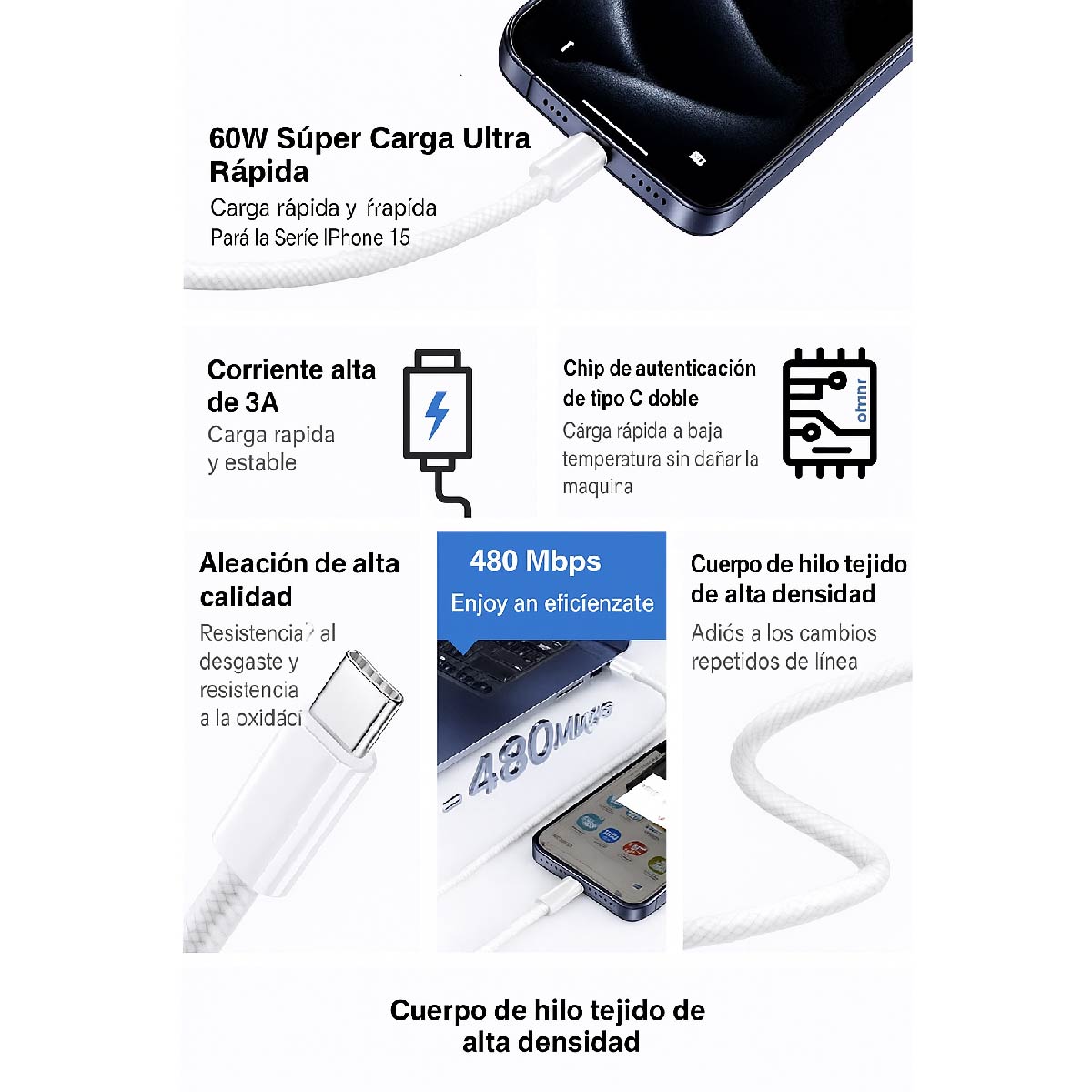 Cable Usb-c Trenzado 1m Para iPhone 15 16 17 Carga Rápida