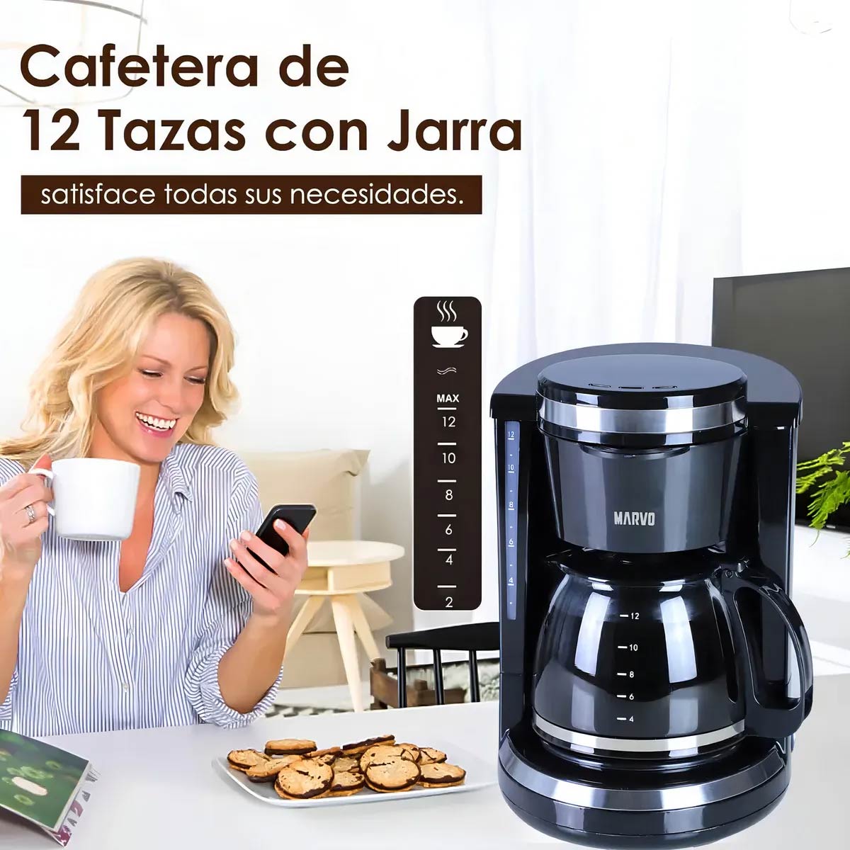 Cafetera De Vidrio Automatica Marvo Hcm-045 1.5l De 12 Tazas Color Negro
