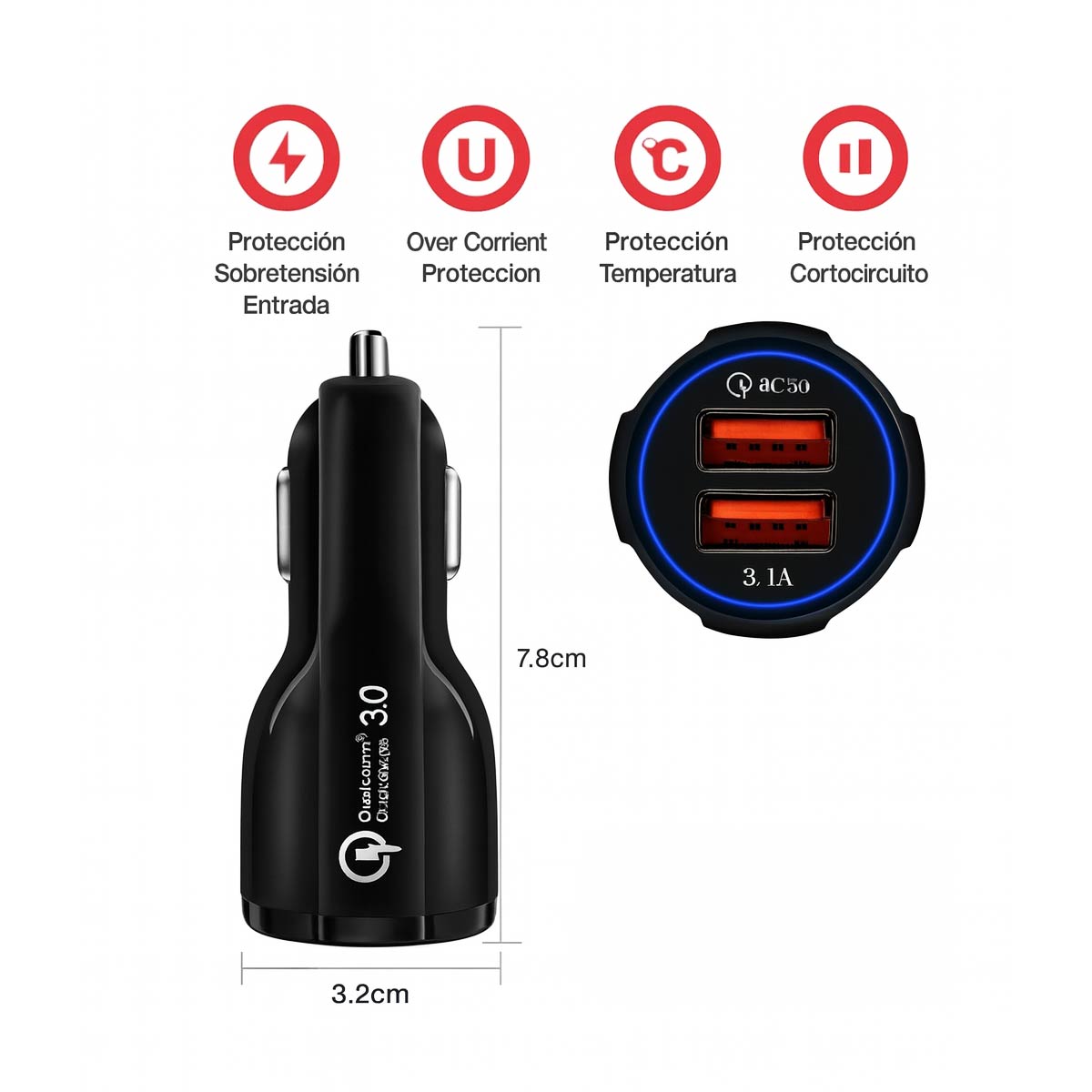 Cargador Auto 6A QC 3.0 – Doble USB Rápido 30W Universal
