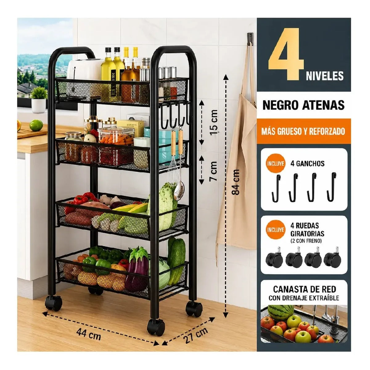 Carro Organizador Metálico 4 Estantes Con Ruedas Baño Cocina