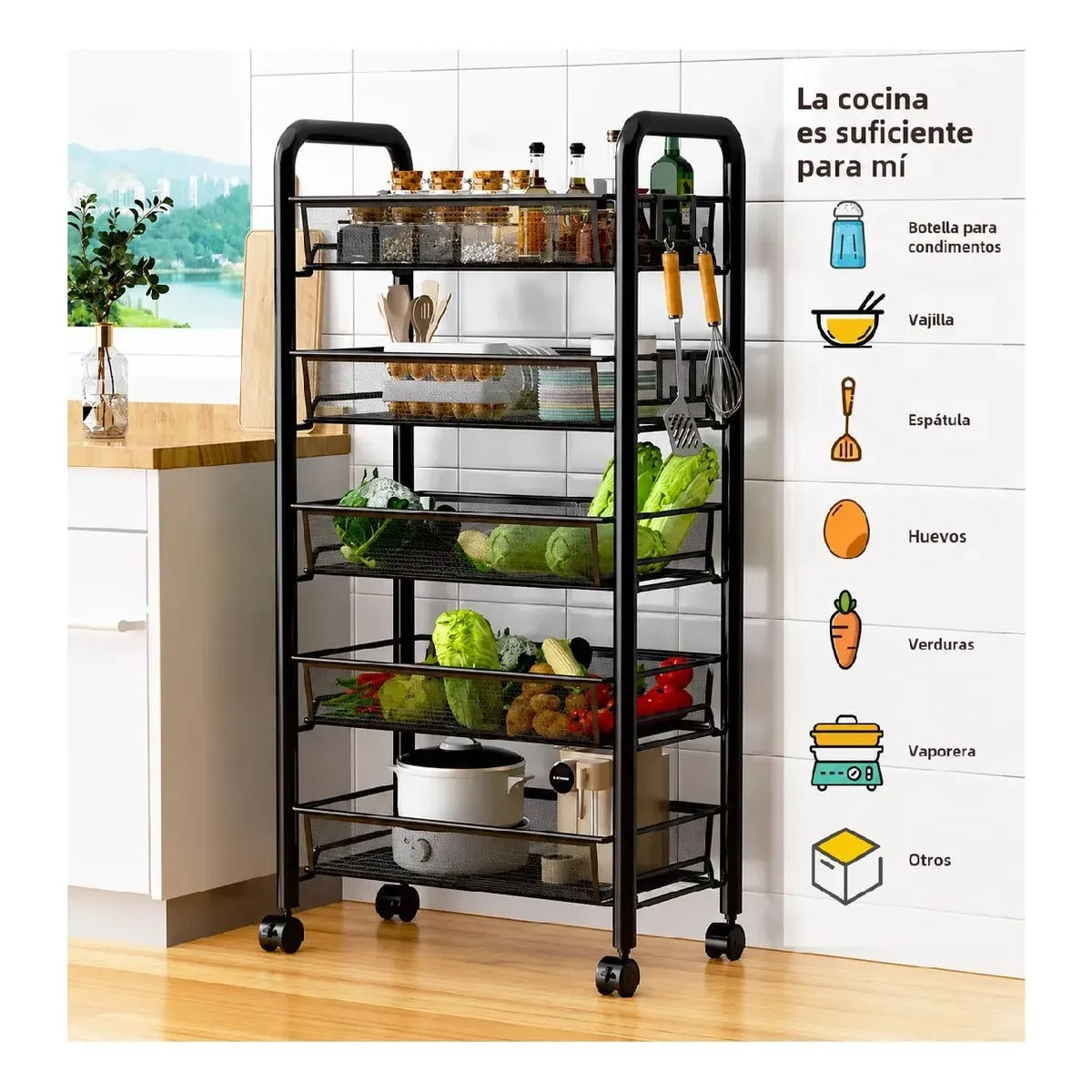Carro Organizador Metálico 5 Estantes Con Ruedas Baño Cocina