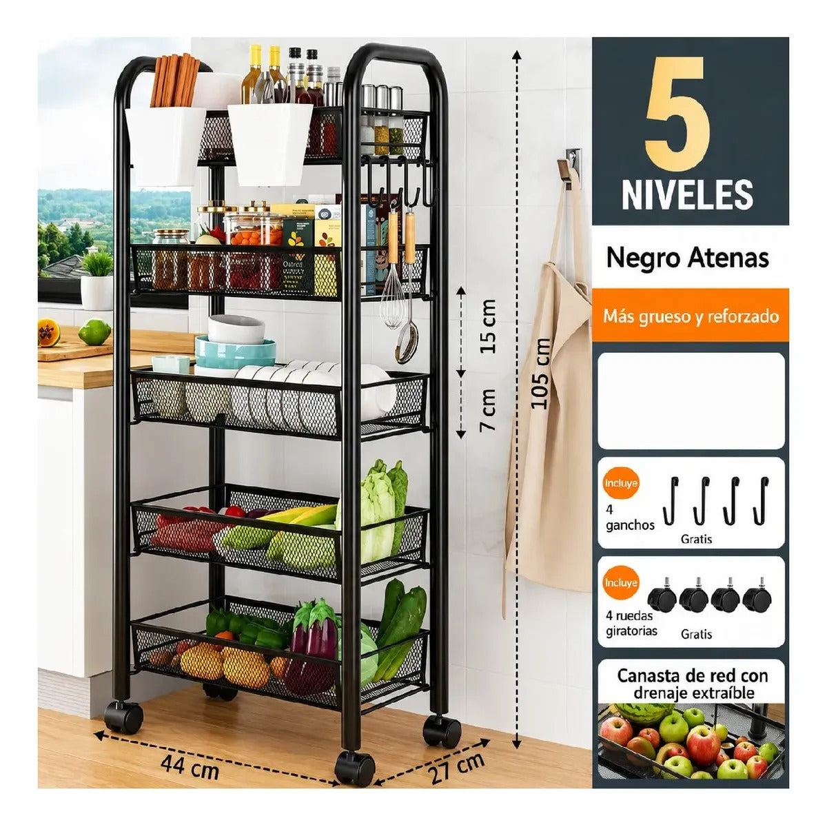 Carro Organizador Metálico 5 Estantes Con Ruedas Baño Cocina
