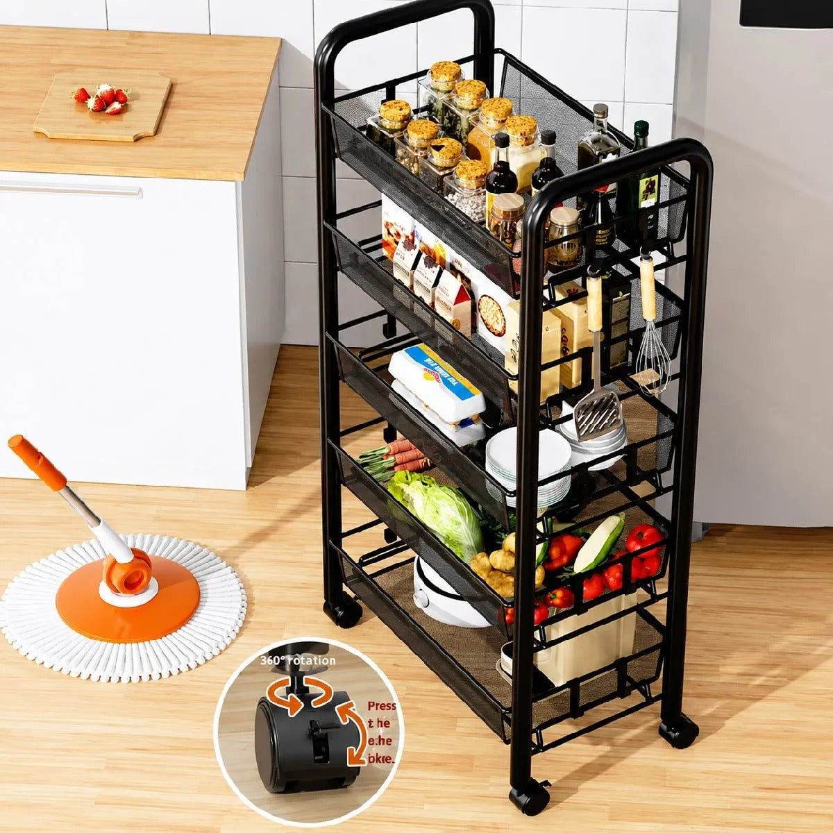 Carro Organizador Metálico 5 Estantes Con Ruedas Baño Cocina