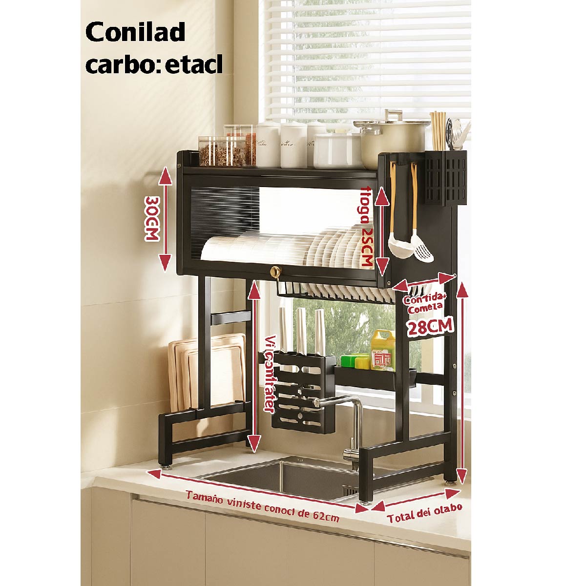 Escurridor De Loza Organizador Platos Utensilios Cocina 65cm - Negro