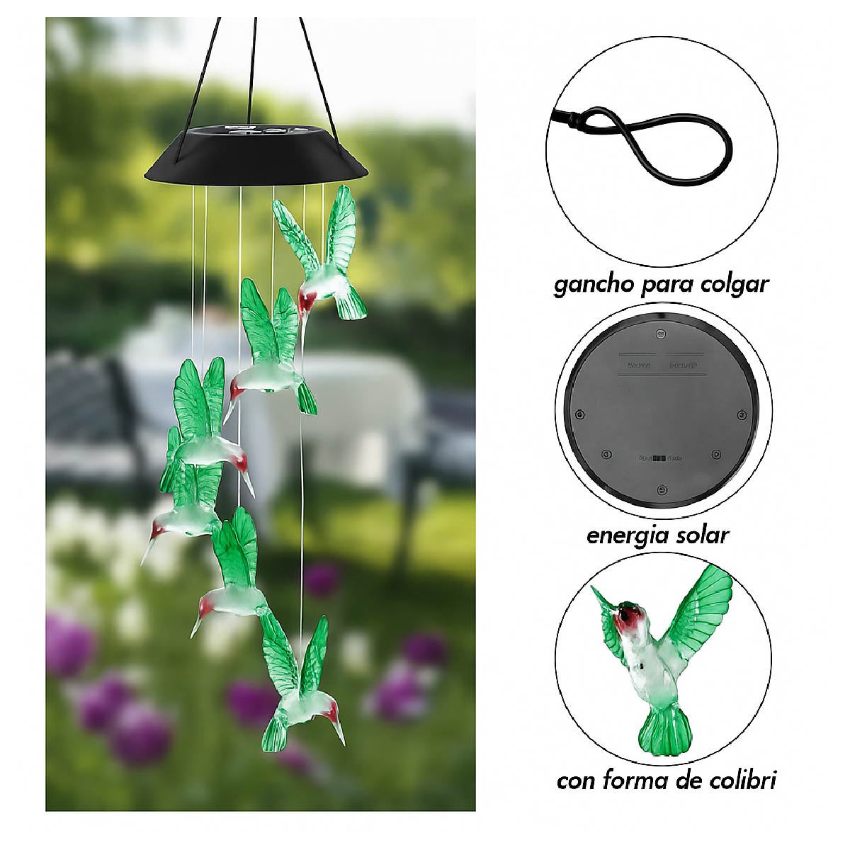 Colgante Solar Led Colibrí Campanilla De Viento Decoracion