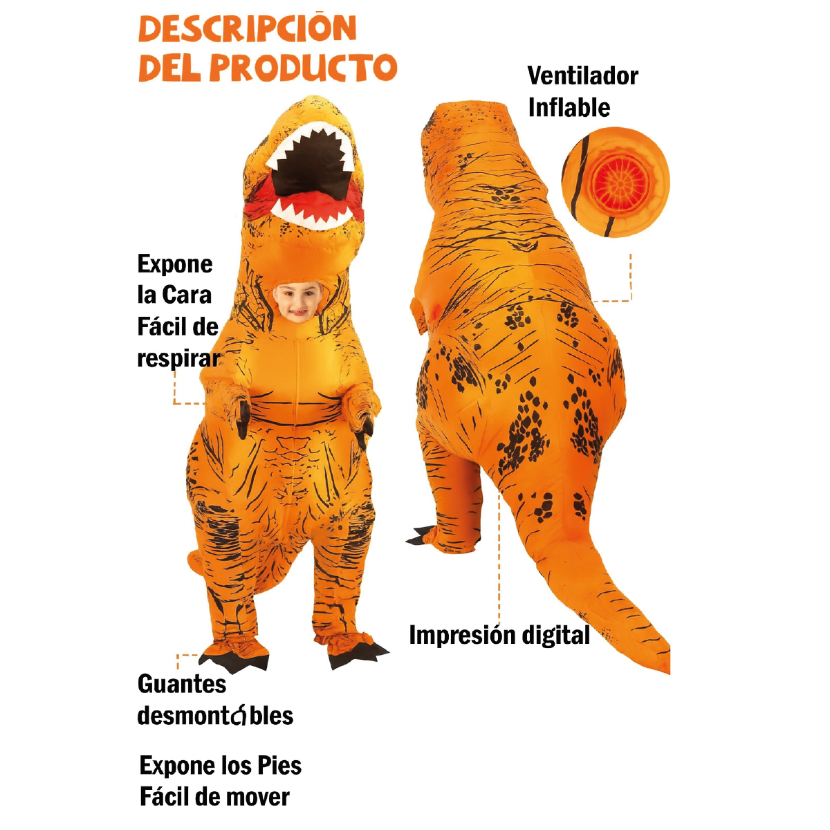 Disfraz Dinosaurio T Rex Inflable + Inflador Cotillón Niños