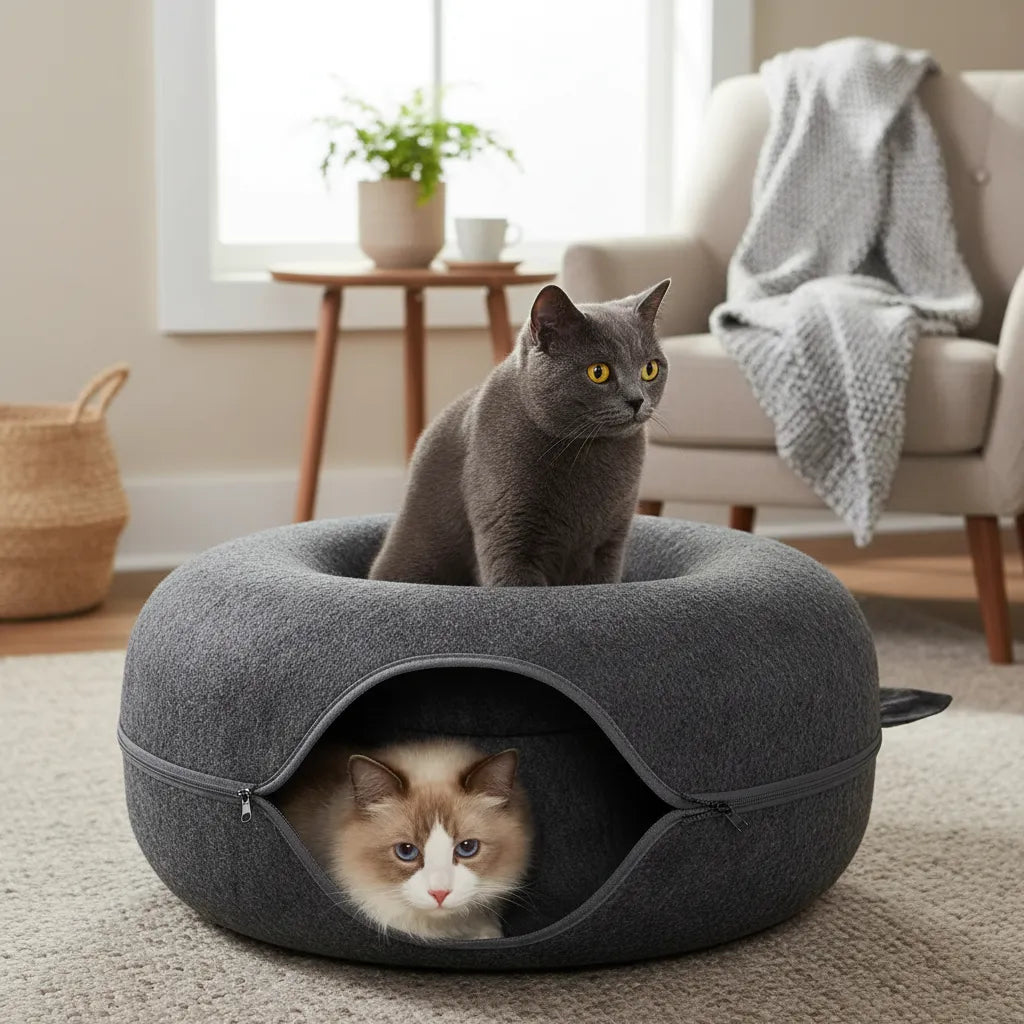 Cama Túnel Rascador para Gatos Dona de Fieltro Suave 2 en 1