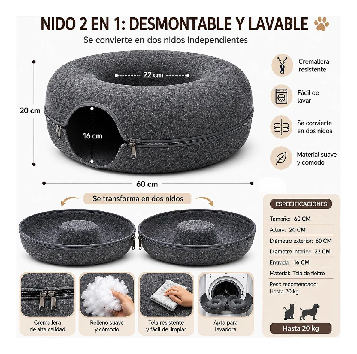 Cama Túnel Rascador para Gatos Dona de Fieltro Suave 2 en 1