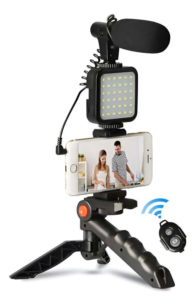 Kit Para Videos Streaming Trípode Luz Led Micrófono Soporte Color Negro