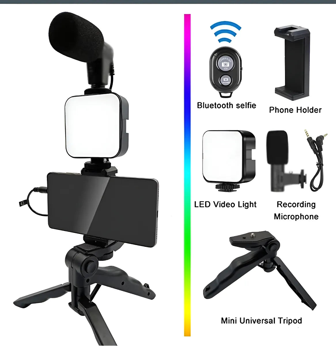 Kit Para Videos Streaming Trípode Luz Led Micrófono Soporte Color Negro