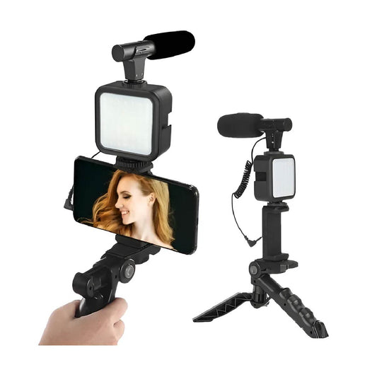 Kit Para Videos Streaming Trípode Luz Led Micrófono Soporte Color Negro