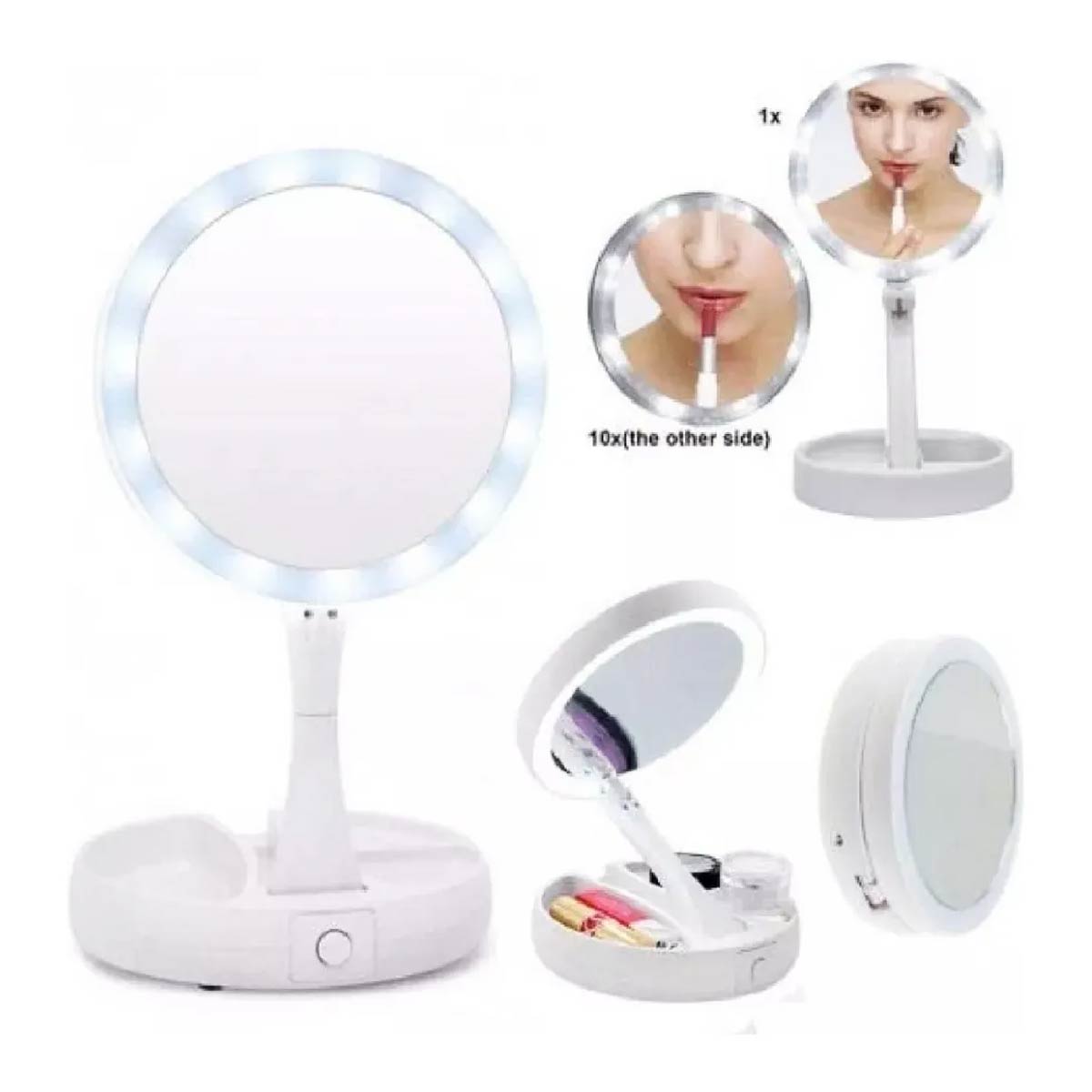 Espejo Plegable Para Maquillaje Doble Cara Con Luz Led - Blanco