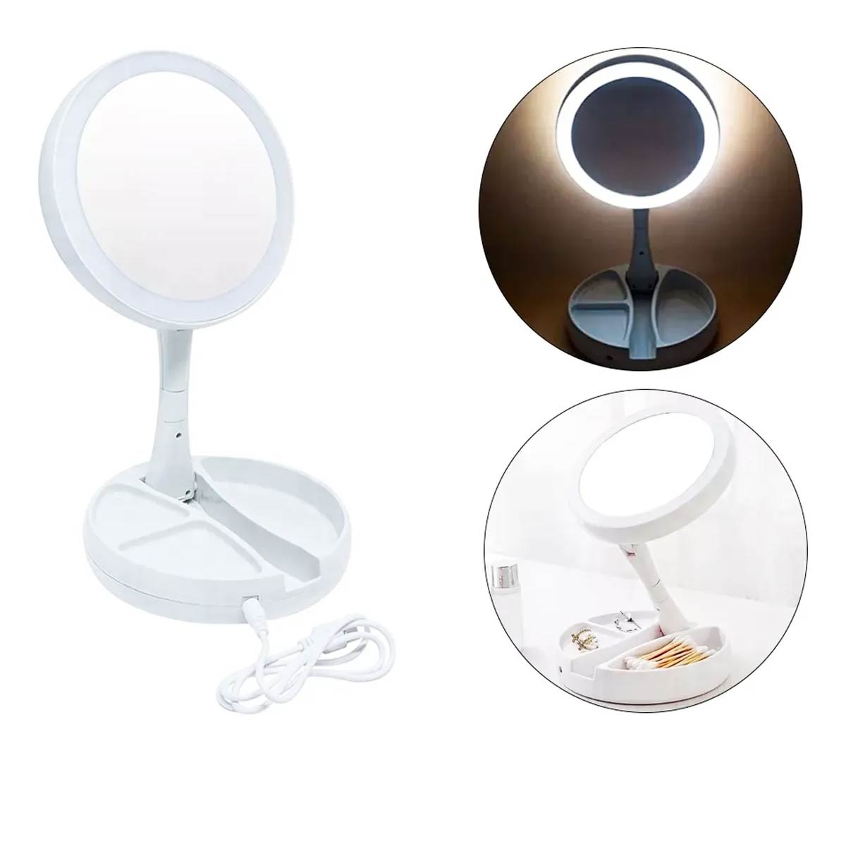 Espejo Plegable Para Maquillaje Doble Cara Con Luz Led - Blanco